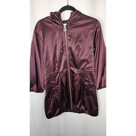 MICHAEL KORS FANCY PURPLE HOODED ANORAK CINCH-WAIST RAINCOAT LONG JACKET P/M - Picture 2 of 10